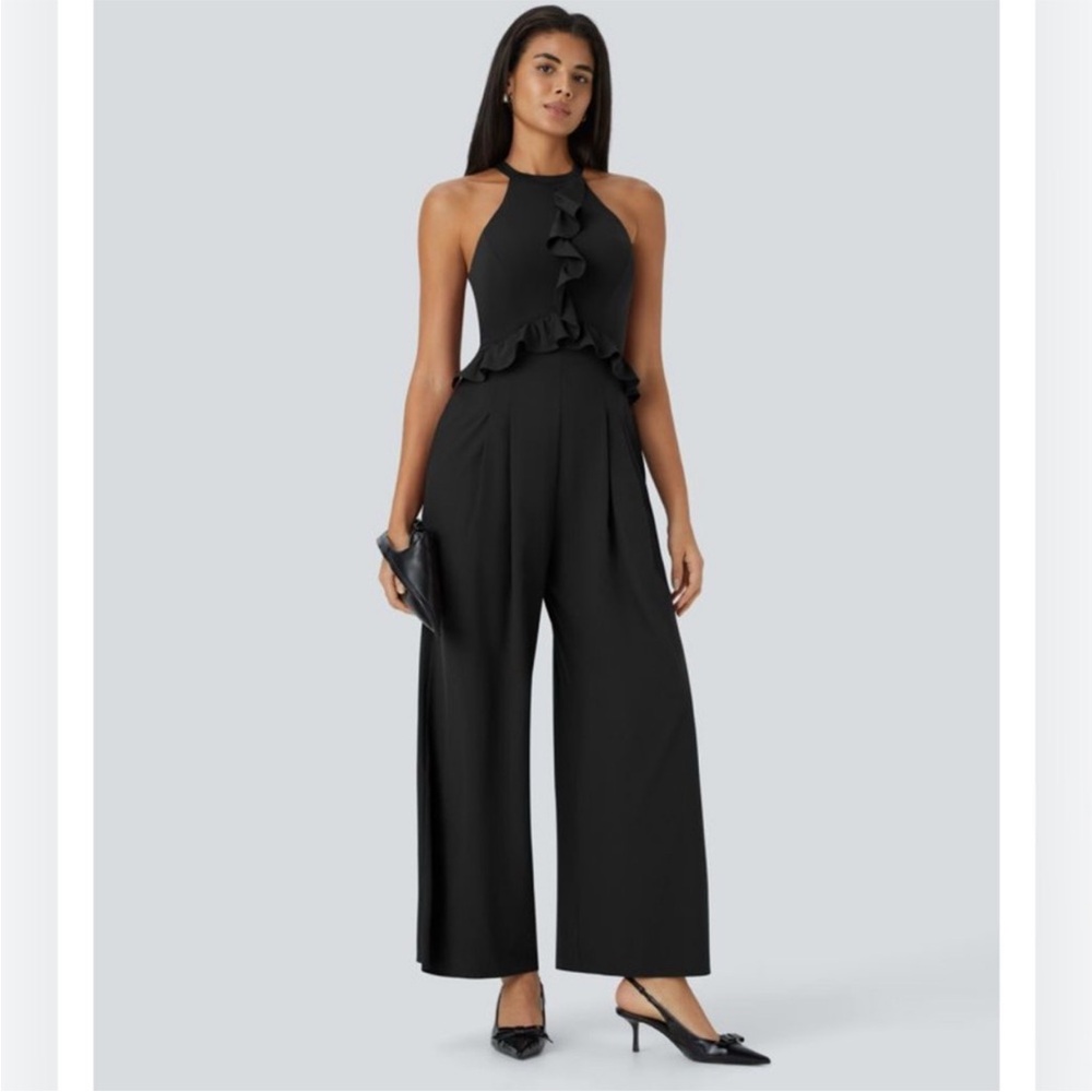 Halara NWT Halter Ruffle Buckle Wide Leg Black Breezeful Fabric Small